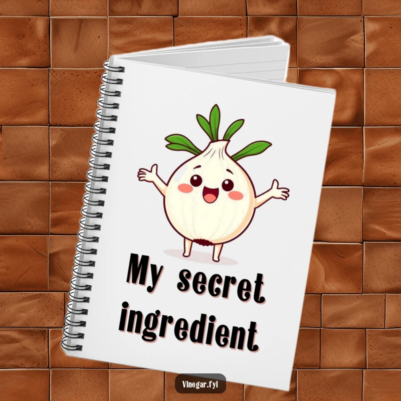 Funny Kawaii onion with arms spread wide, holding a recipe, on the cover of a lined notebook.