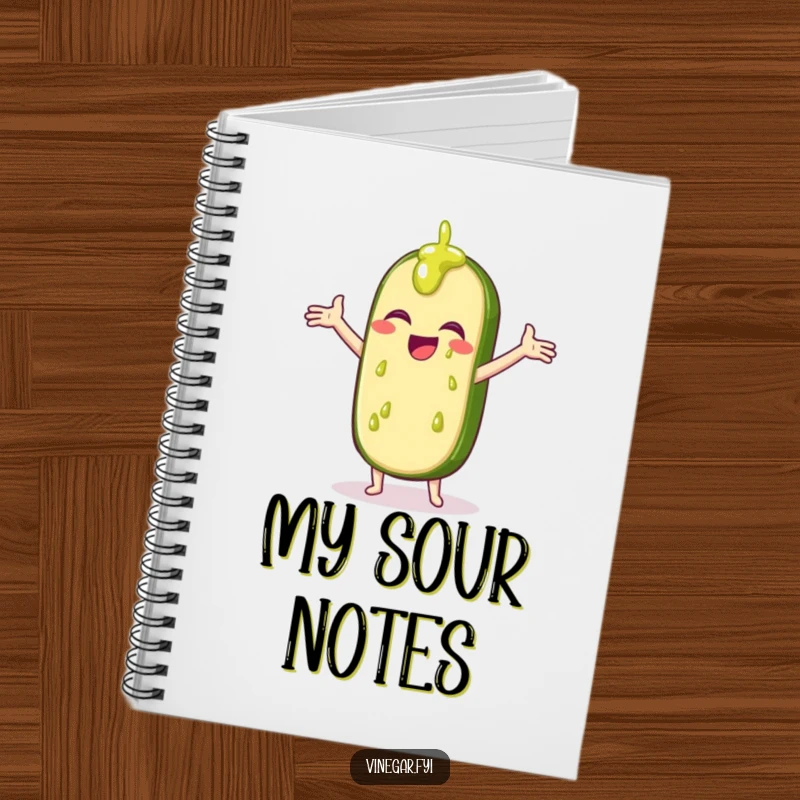 Funny notebook with a giggling pickle slice catching vinegar drips, perfect for notes and witty ideas.