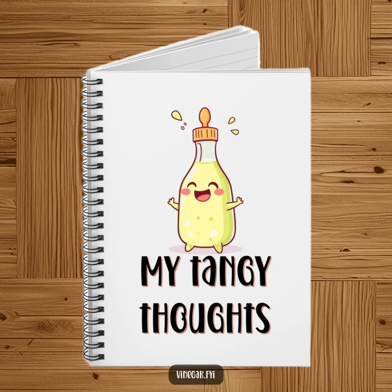 Funny notebook cover with a stylized grinning condiment bottle squirting vinegar, perfect for jotting down funny thoughts.