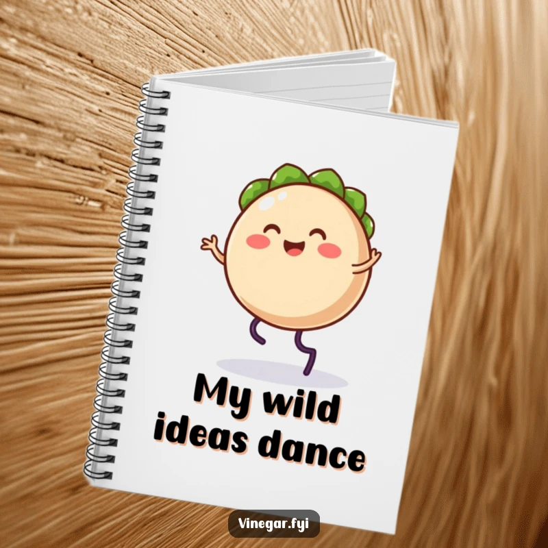 Funny notebook cover featuring a happy taco character with legs doing a silly jig, inspiring delicious notes.