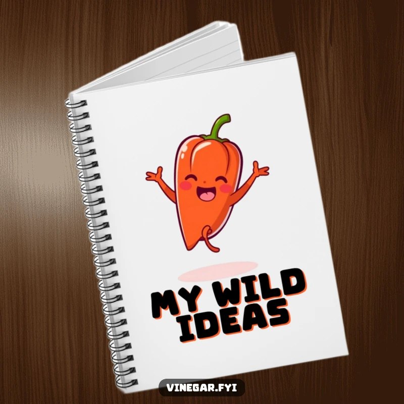 Funny Kawaii pepper doing a cartwheel with zest, on the cover of a lined notebook.