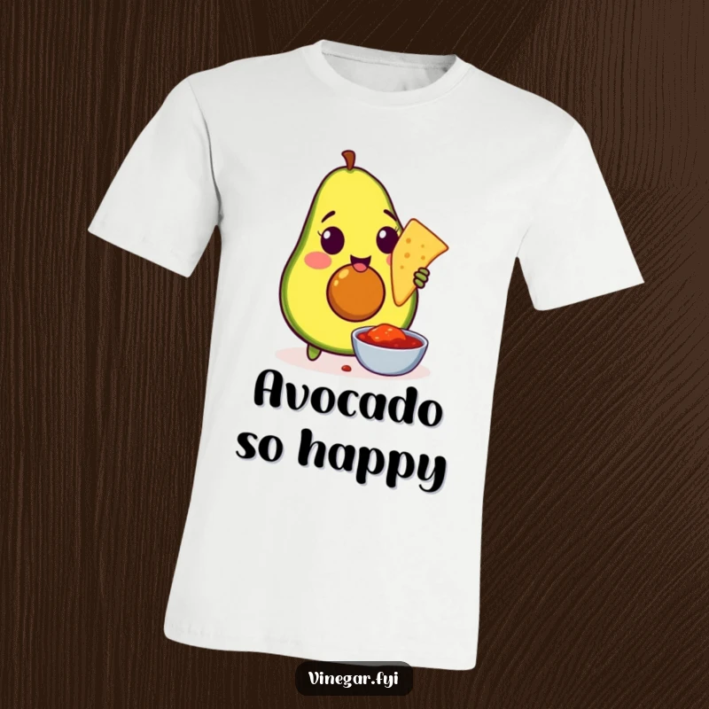 Funny t-shirt featuring an amused avocado eagerly dipping a tortilla chip into salsa, embodying a love for tasty snacks.