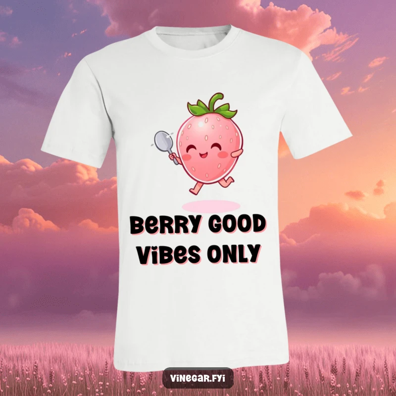 Funny T-Shirt: Radiant pink strawberry character with a tiny spoon joyfully leaps through shimmering mist, full of energy.