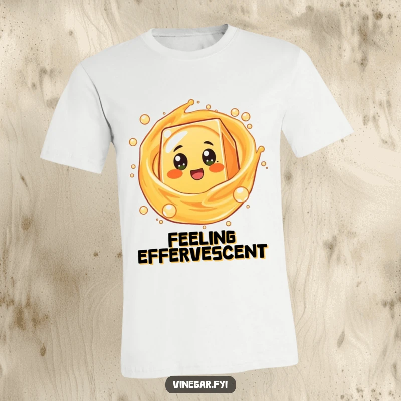 Funny round orange juice box character with excited eyes spinning in bubbly liquid, featured on a humorous t-shirt.