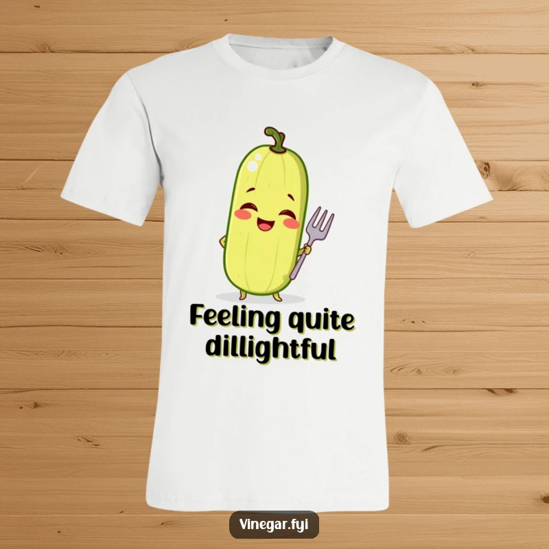 Funny t-shirt depicting a giggling pickle in a self-assured pose, holding a tiny fork, embodying playful confidence.