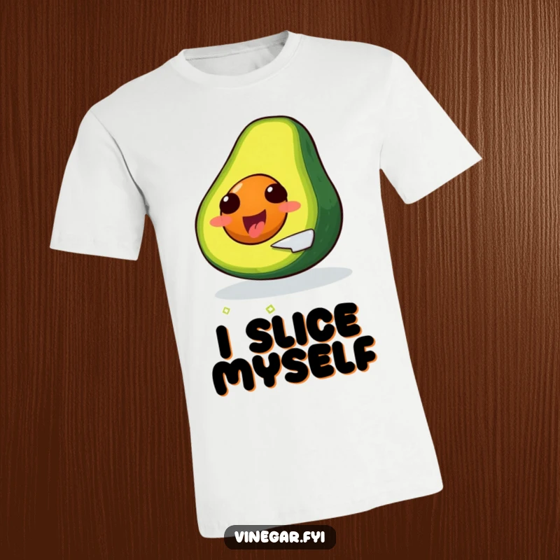 Funny, delighted avocado slicing itself with a tiny knife, printed on a t-shirt.