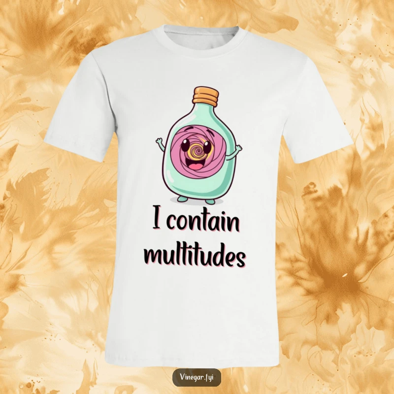 Funny squat bottle character, happy and holding a swirling vortex within, printed on a comfortable and whimsical t-shirt.