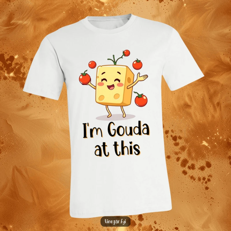 Funny t-shirt featuring a smiling cheese cube in mid-air, juggling several ripe cherry tomatoes with impressive dexterity.