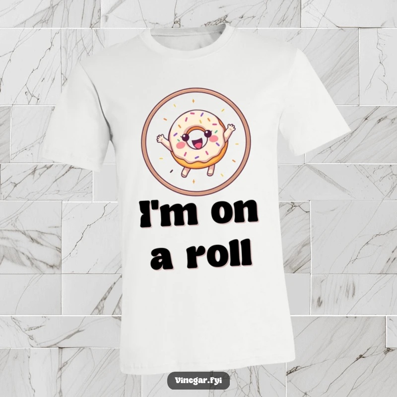 Funny t-shirt with a happy donut adorned with sprinkles, jumping through a hoop with a joyful expression.