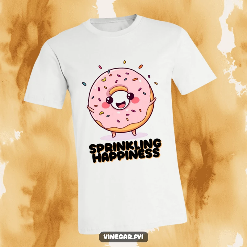 Funny t-shirt featuring a kawaii donut enthusiastically juggling sprinkles, exuding joy and a sweet, cheerful personality.