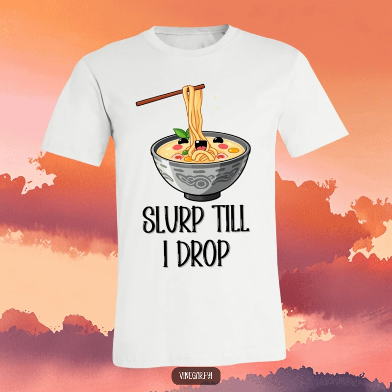 Funny kawaii ramen bowl slurping noodles with exaggerated delight, printed on a funny t-shirt, perfect for ramen enthusiasts.