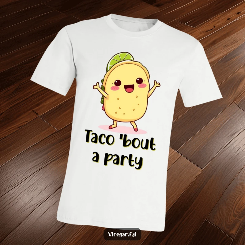 Funny kawaii taco doing a joyful jig with a lime slice hat, printed on a funny t-shirt, celebrating food and fun.