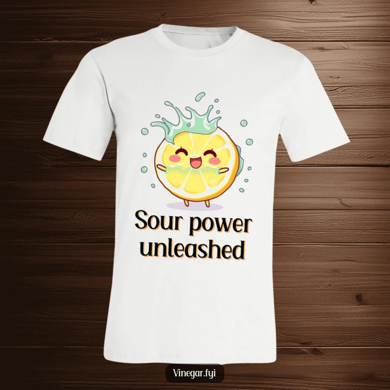 Funny happy lemon slice character playfully splashing vinegar on a vibrant t-shirt, great funny gift.