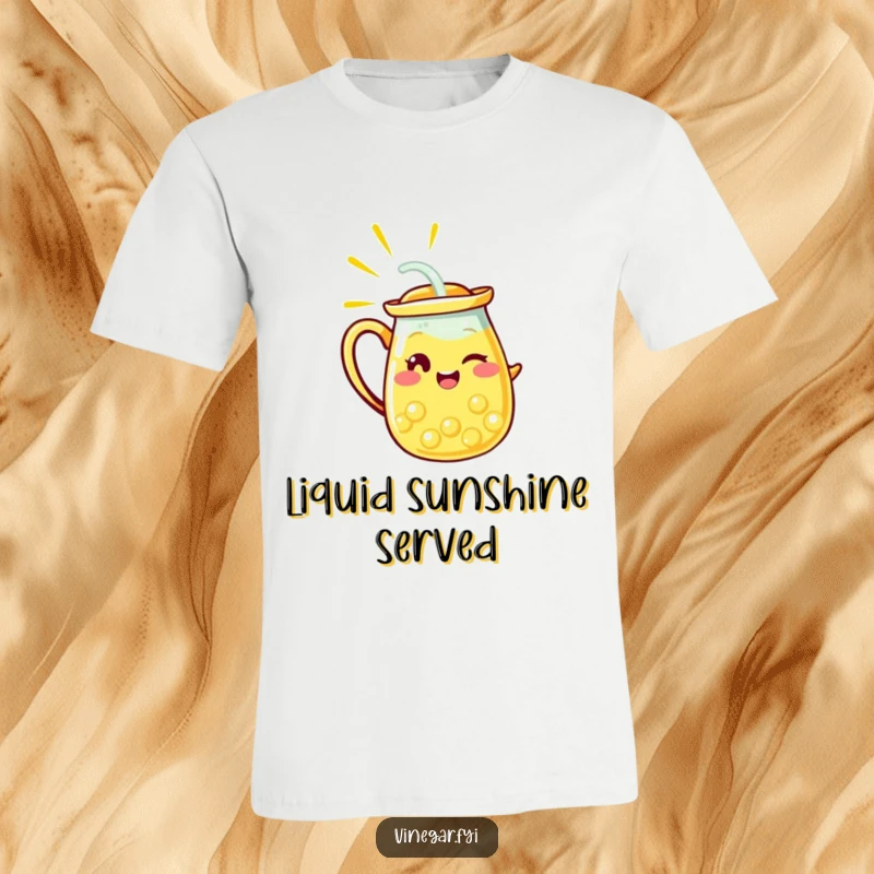 Funny t-shirt showcasing a radiant yellow lemonade pitcher character winking while pouring, bringing cheerful, refreshing humor to the wearer.