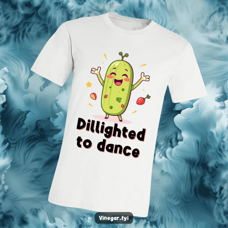 Funny t-shirt depicting a gleeful pickle in a celebratory dance pose with fresh salad ingredients, radiating pure fun and energy.