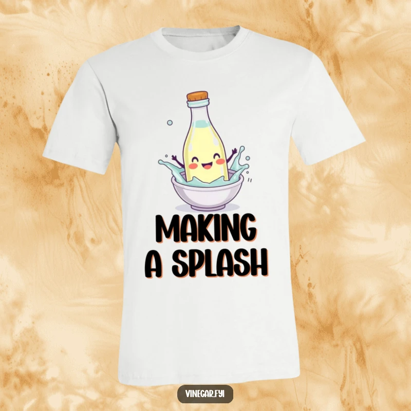 Funny T-Shirt with a happy vinegar bottle character splashing enthusiastically into a mini-dish, radiating pure joy.
