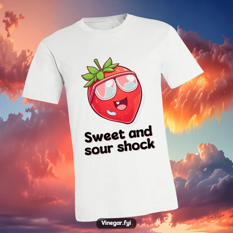 Funny t-shirt of a laughing strawberry character wearing tiny vinegar goggles, looking hilariously surprised.