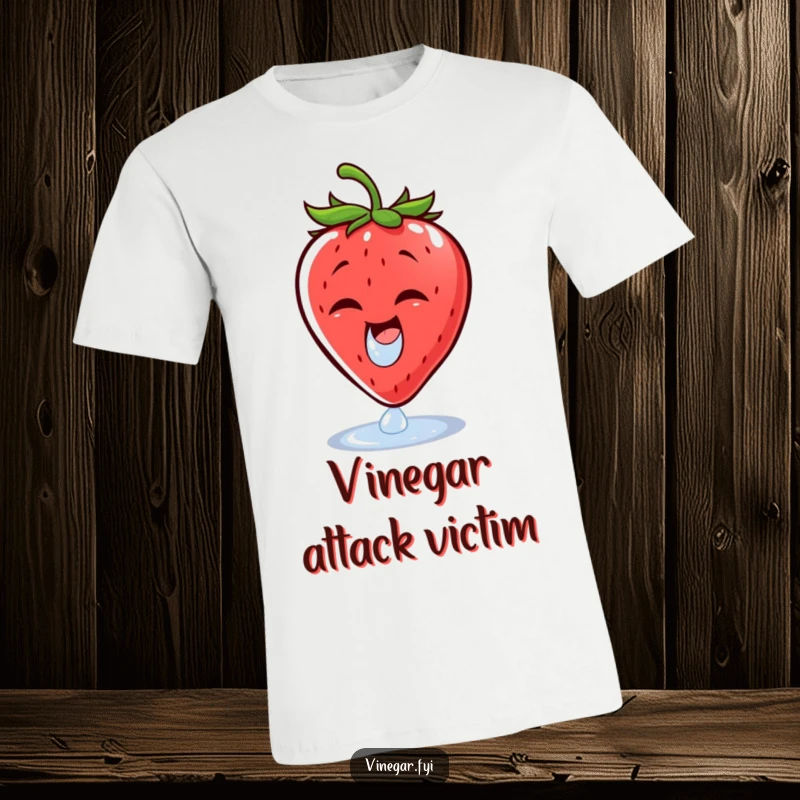 Funny t-shirt graphic of a cheerful strawberry wincing as a droplet of vinegar lands nearby. A humorous and expressive fruit design.