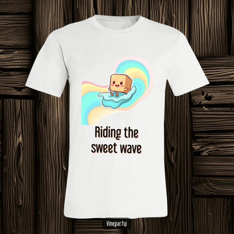 Funny smiling brown sugar cube character with tiny legs sliding down a liquid wave, depicted on a humorous t-shirt.