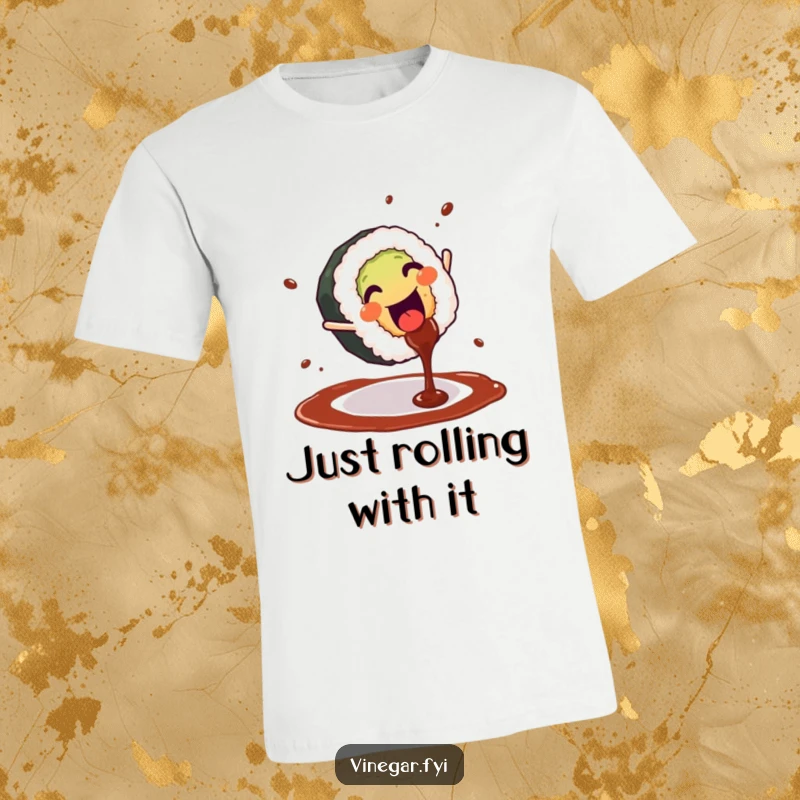 Funny t-shirt depicting a happy sushi roll mid-cartwheel, with soy sauce artfully splashing, showcasing pure joy.