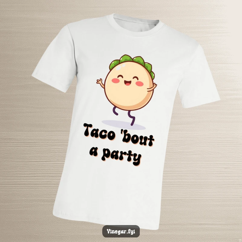 Funny t-shirt of a happy, round taco character energetically doing a silly jig, celebrating pure joy.
