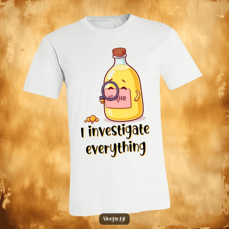 Funny t-shirt showing a curious vinegar bottle examining a crumb with a magnifying glass, a humorous take on investigation.