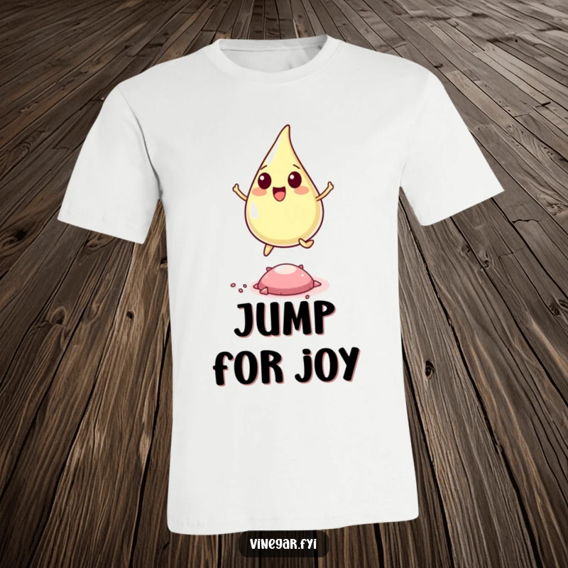 Funny t-shirt depicting a happy vinegar drop mid-leap over a microscopic pepper flake, celebrating flavor and fun.