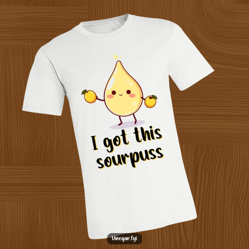 Funny round vinegar droplet character with legs happily juggling tiny lemons, illustrating a cheerful and humorous design on a t-shirt.