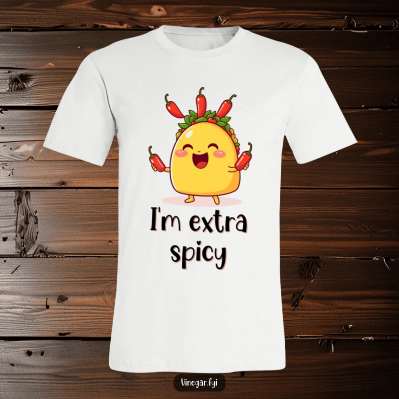 Funny t-shirt showcasing a happy taco expertly juggling three spicy red chili peppers with a wide, cheerful grin.