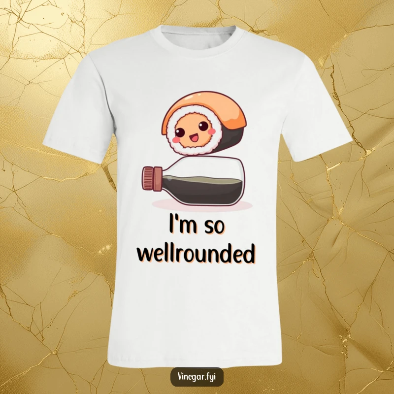Funny t-shirt: A happy, round sushi roll balances precariously on a vinegar bottle, capturing a moment of daring and delicious equilibrium.