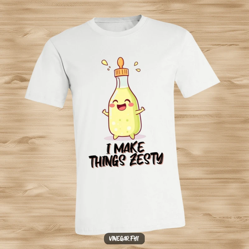 Funny t-shirt with a grinning condiment bottle excitedly squirting vinegar, capturing a moment of pure, silly joy.