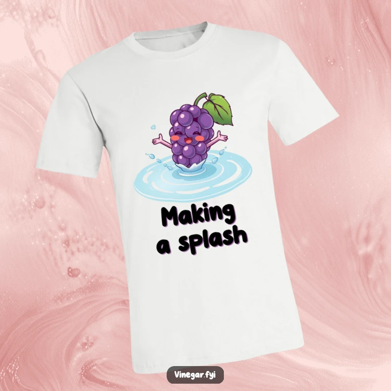 Funny purple grape t-shirt depicting a blushing grape with tiny arms excitedly splashing into a puddle of translucent fluid.