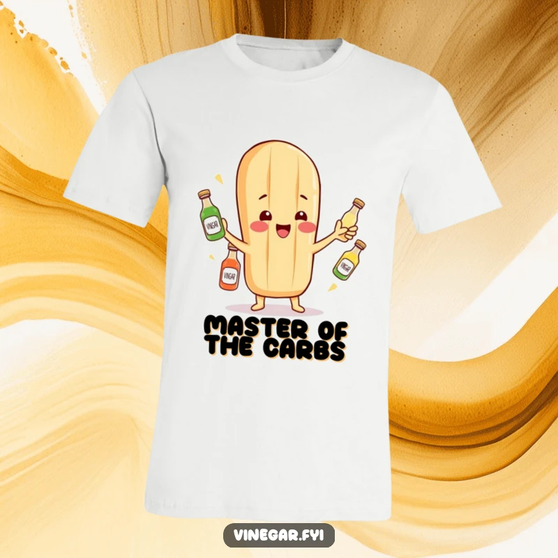 Funny t-shirt featuring a cheerful baguette character expertly juggling miniature vinegar bottles, a culinary circus.