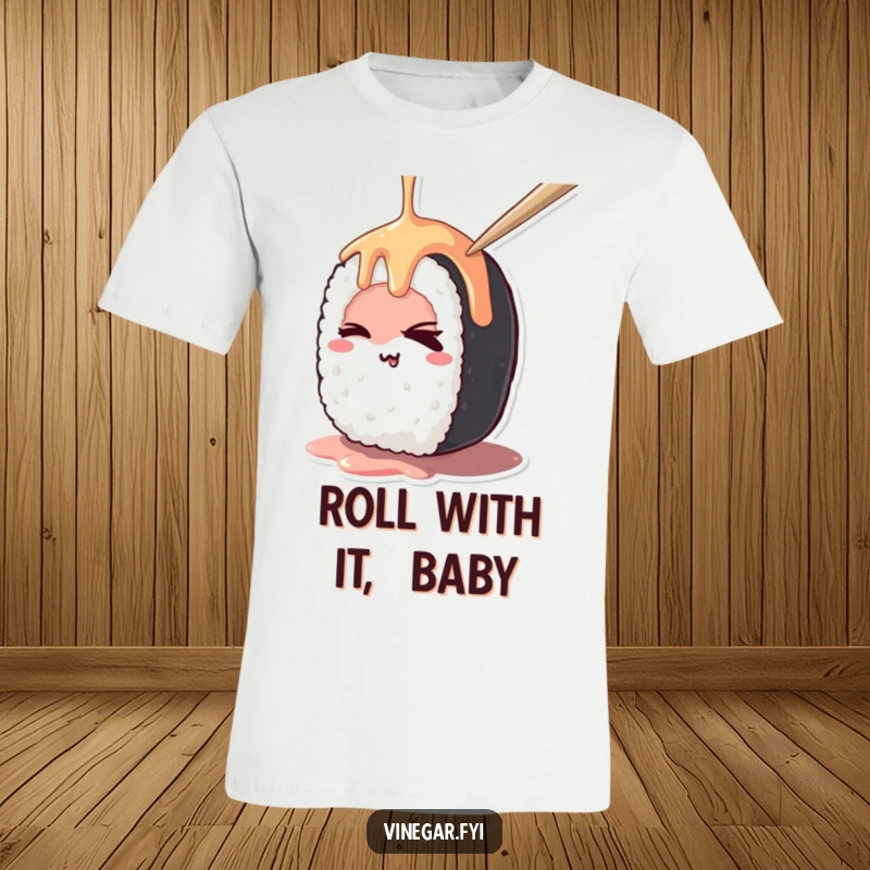 Funny kawaii sushi roll mischievously winking while being drizzled, printed on a funny t-shirt, perfect for sushi fans.