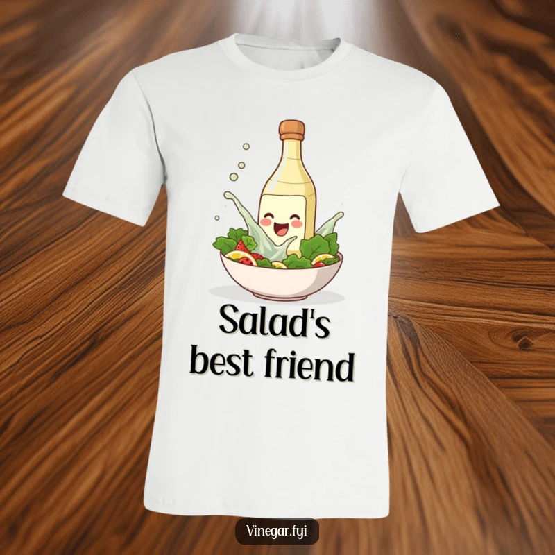 Funny t-shirt with a smiling vinegar bottle playfully splashing into a salad bowl, perfect for salad lovers.