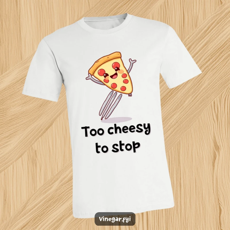 Funny anthropomorphic pizza slice smiling and leaping over a giant fork, printed on a tasty t-shirt.