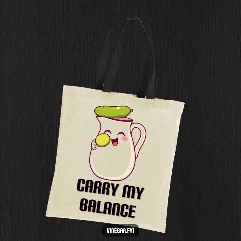 Funny tote bag with a thrilled vinegar jug balancing a tiny pickle slice on its nose, perfect for carrying your essentials with humor.