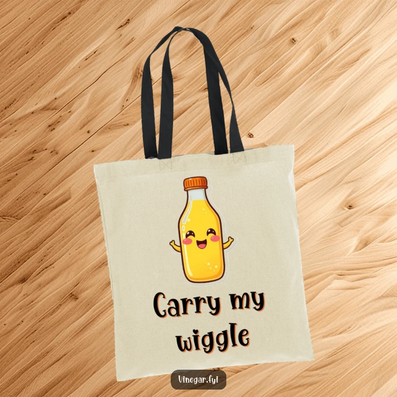 Funny yellow liquid bottle tote bag caught mid-wiggle, radiating happiness and portability, a superb funny gift.