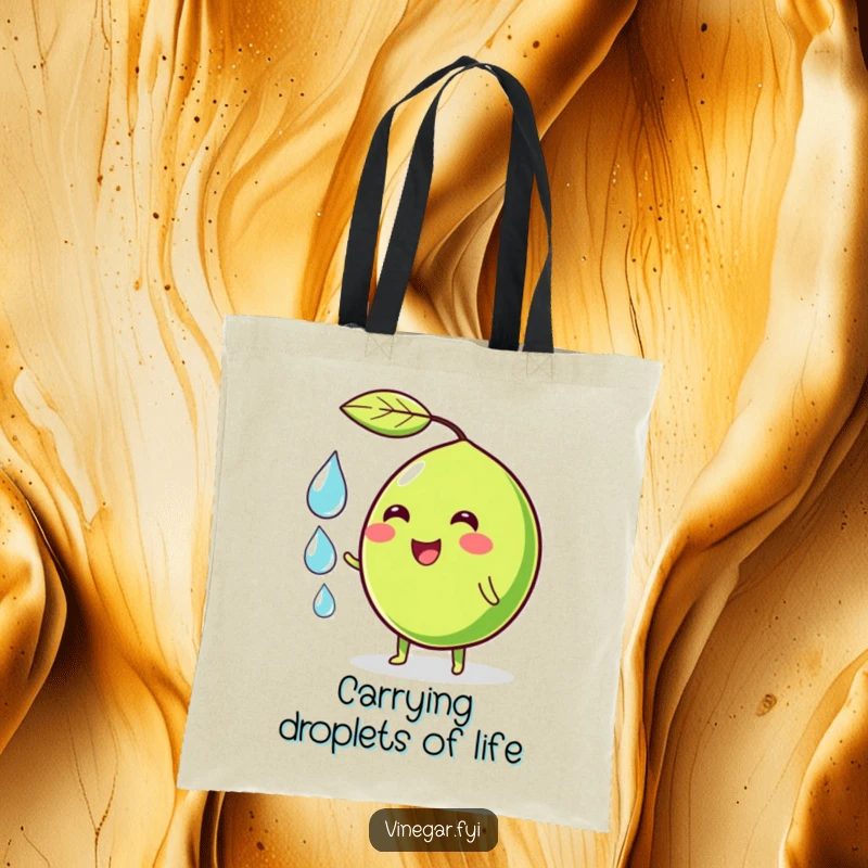 Funny tote bag showcasing a wobbly green lime character juggling droplets, perfect for carrying essentials with a humorous, cheerful vibe.