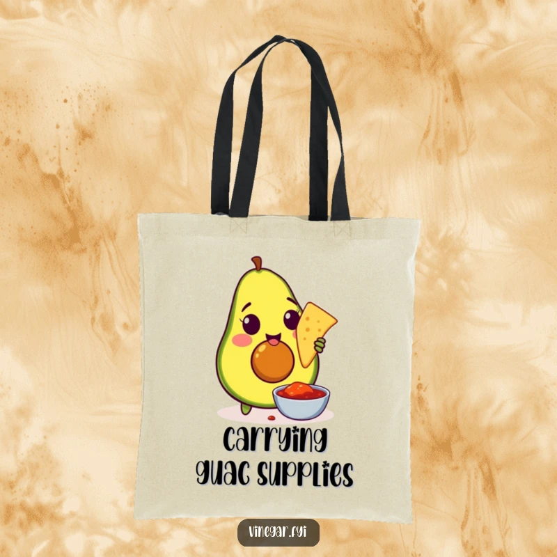 Funny tote bag printed with an amused avocado dipping a tortilla chip into salsa, ideal for grocery runs and snack hauls.