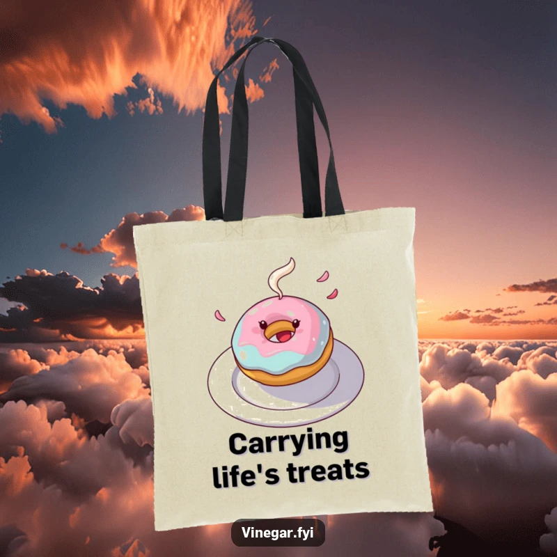 Funny donut tote bag with a joyful spinning donut and flying frosting, perfect for carrying treats and smiles humorously.