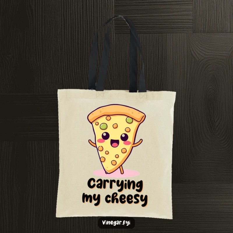 Funny Kawaii Pizza Tote Bag: A cute slice of pizza happily wiggles its cheesy toppings, perfect for carrying treats humorously.