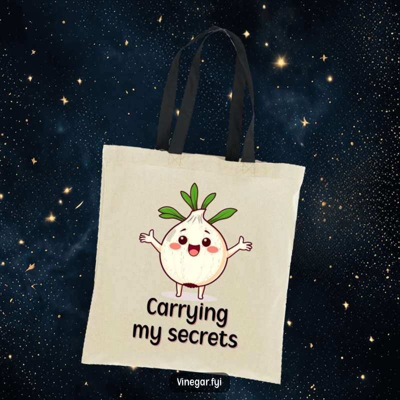 Funny Kawaii onion with arms spread wide, enthusiastically holding a recipe, on a durable tote bag.
