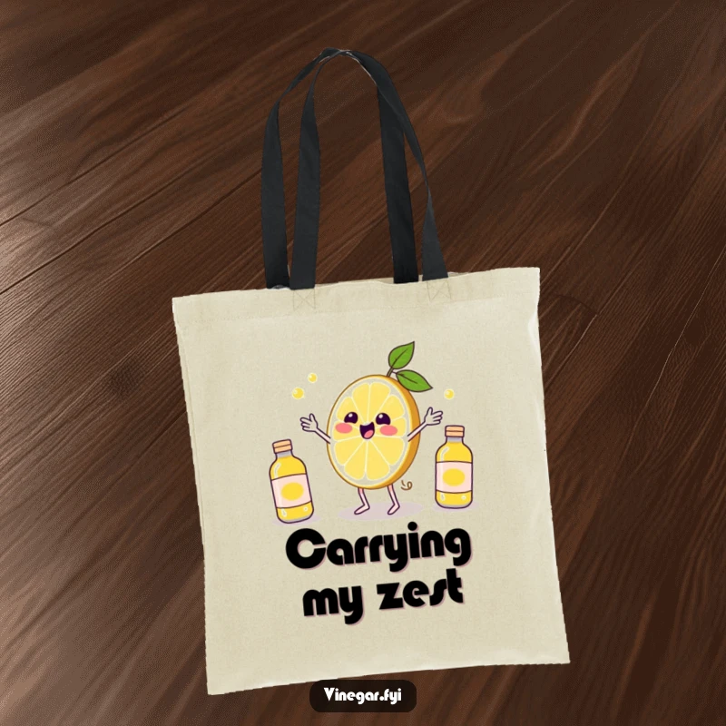 Funny Kawaii lemon slice, gleefully juggling small vinegar bottles on this durable and funny tote bag. Citrus-themed carryall.