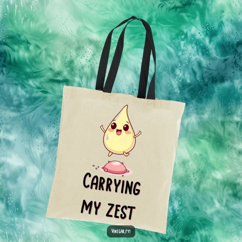 Funny tote bag illustrating a happy vinegar drop leaping enthusiastically over a tiny pepper flake, perfect for carrying fun.