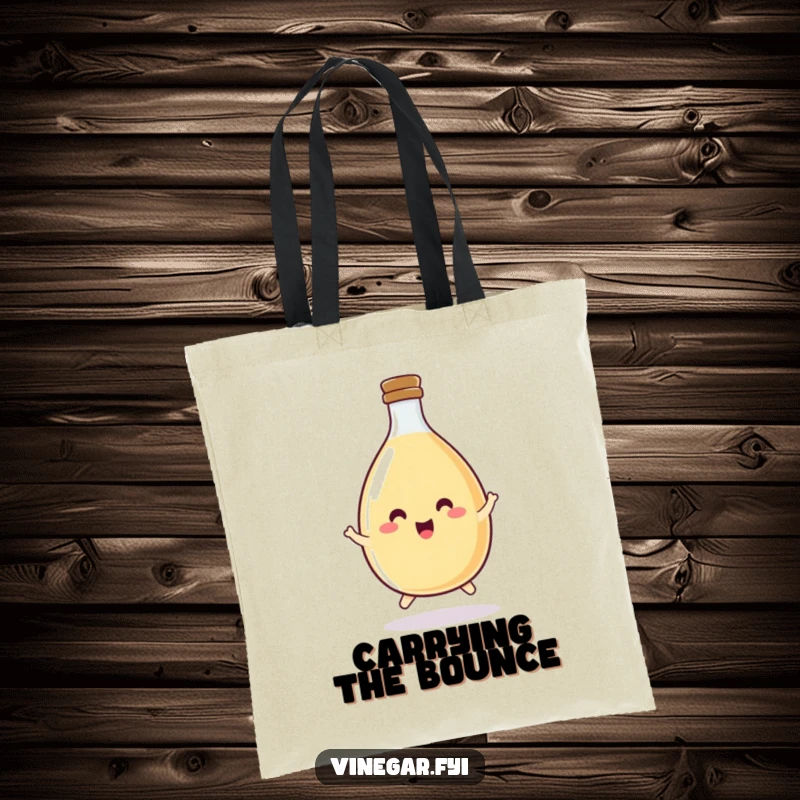 Funny vinegar bottle tote bag showing a happy, round bottle doing a little hop with great enthusiasm.