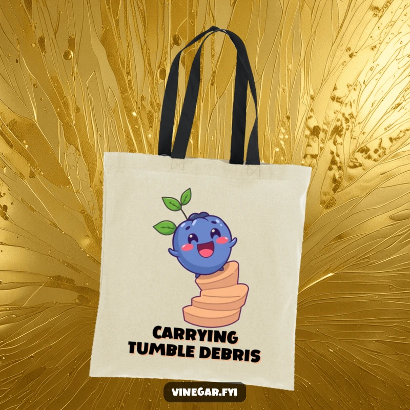 Funny tote bag printed with a surprised blueberry joyfully rolling down a spiral staircase, perfect for carrying items with a fruity flair.