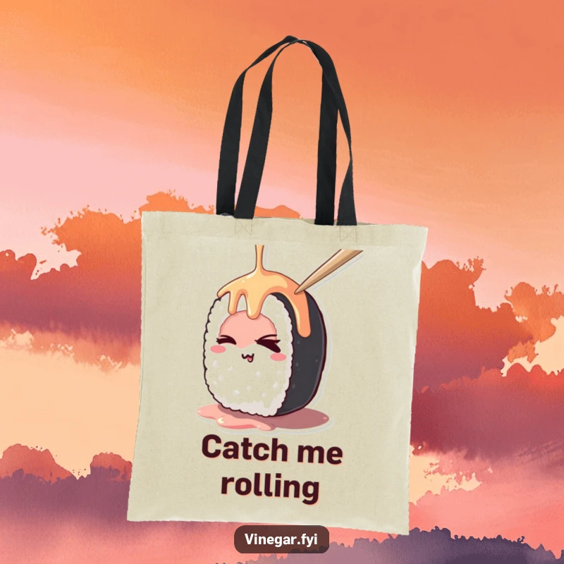Funny kawaii sushi roll mischievously winking while being drizzled, on a spacious tote bag, perfect for carrying everyday items.