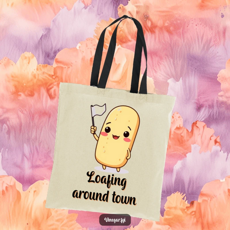 Funny tote bag with a happy baguette character waving a small flag, perfect for market trips or daily errands.