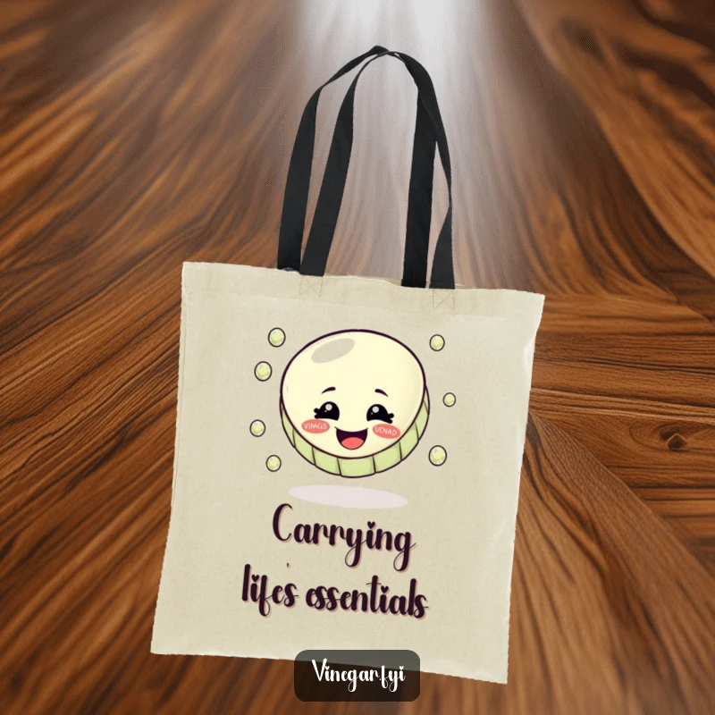 Funny tote bag featuring a cheerful bottle cap artistically juggling small, glistening vinegar droplets, a mobile masterpiece.